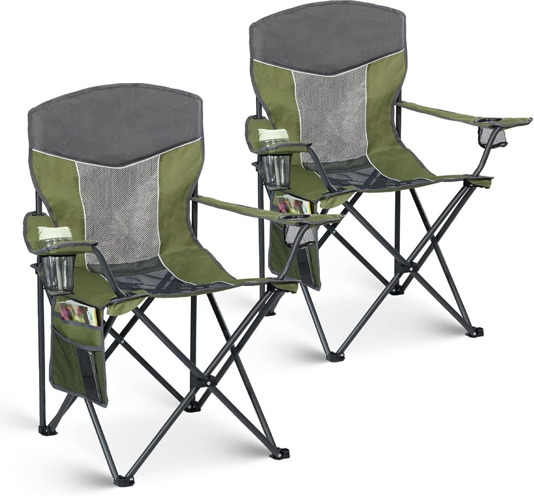 Outdoor Camping Chair 2-Pack with Mesh Back, Folding Portable Lawn Chairs with Cup Holder & Side Storage Pocket for Camping, Beach, Picnic, Fishing(Green)