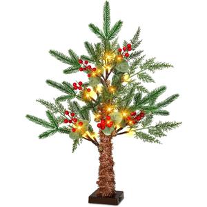 24" /2FT Tabletop Christmas Tree with Lights Timer, USB or Battery Powered, Prelit Small Christmas Trees with Realistic Norfolk Pine &Cypress Tips 24LED Berries Pinecones Xmas Indoor Home Table Desk