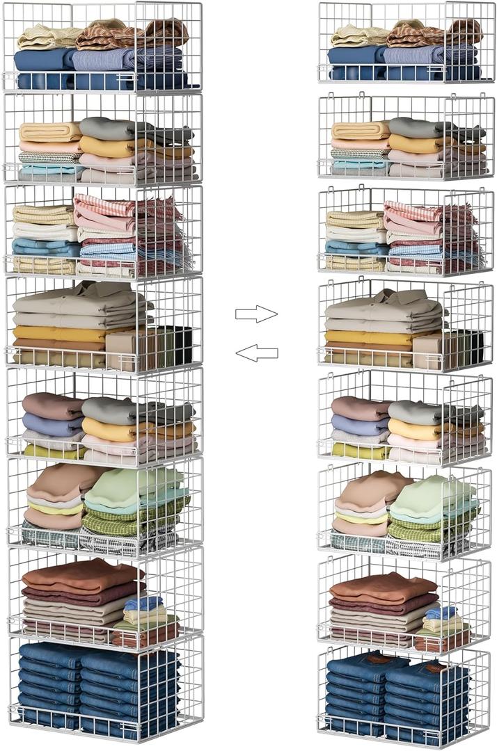 Yociyoga 8Tier Stackable Closet Organizers and Storage Shelves, Foldable Closet Shelf Organizer, Stackable Storage Bins Drawers for Closet Organizer System, White(Patent Pending)