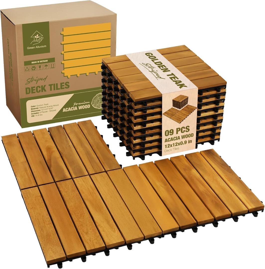 Premium Acacia Wood Interlocking Deck Tiles, 9 PCS 12"x12"x0.9" Floor Tiles, Waterproof Wood Flooring for Backyard & Outdoor Patio Decor, All Weather Use (Golden Teak Striped Pattern)