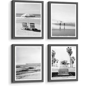 Framed Beach Wall Art Bedroom: Modern Black and White Living Room Tropical Ocean Wave Scene Picture Relaxing Bathroom Coastal Sea Landscape Painting Print 11x14 Vertical Seascape Artwork