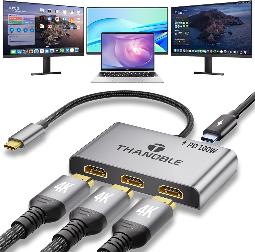 USB C to 3 HDMI Adapter with 100W PD Charging, Triple 4K60Hz Monitor Extender for Dell/Surface Pro/HP, HDMI Splitter Extended Display Hub, Plug & Play Laptop Multi-Screen Adapter