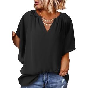 Eytino Womens Plus Size Tops Loose V Neck Bell Short Sleeve Casual Chiffon Blouses Pleated Flowy Shirts(1X-3X)