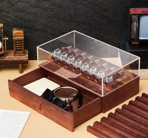 Knife Display Case for 8 Knives – Large Handcrafted Wooden Pocket Knife Box Storage Case for Collections with a Removable Drawer Insert - Birthday Father’s Day Gifts for EDC Collectors