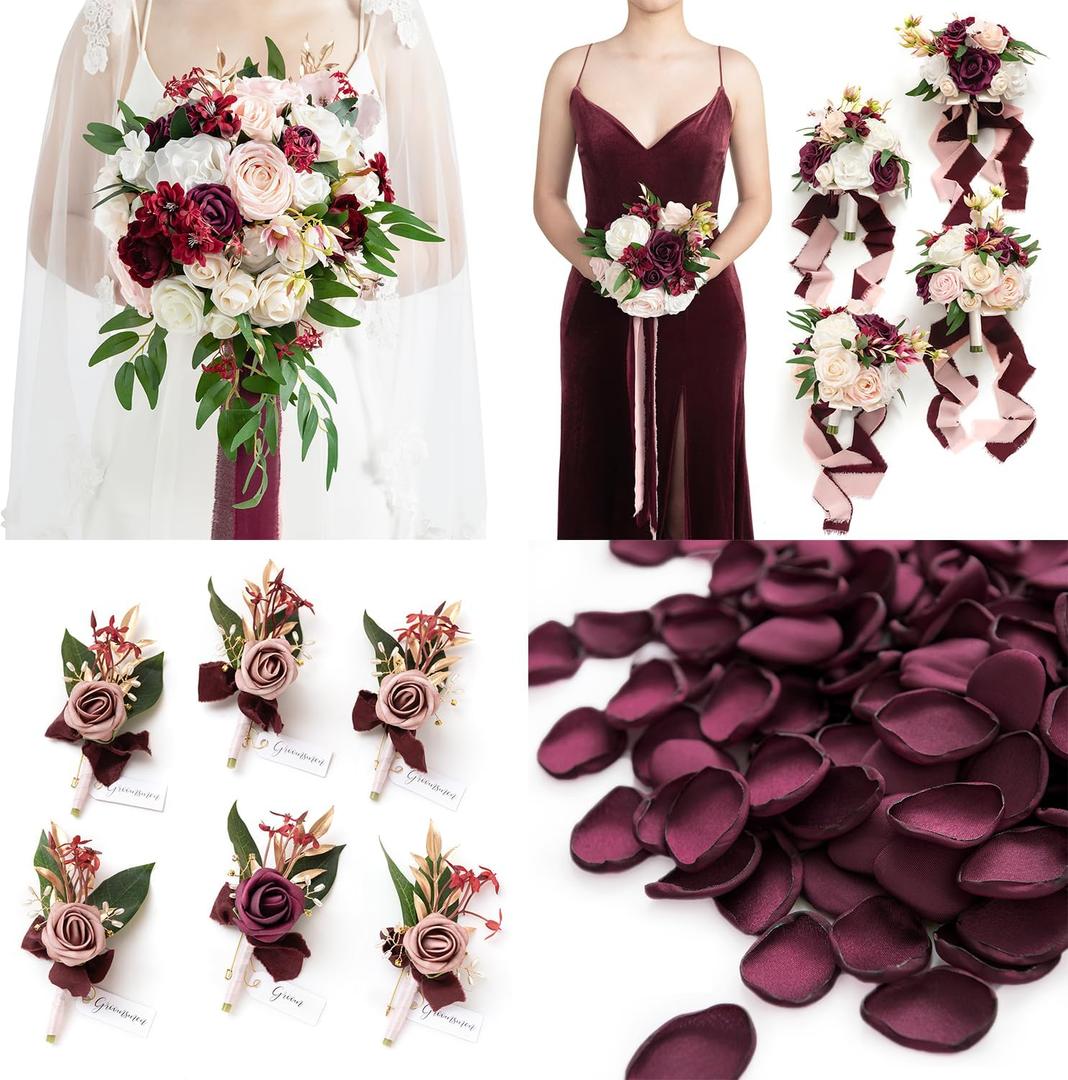Ling's moment Wedding Artificial Flowers Package, Bridal Bouquet, Bridesmaid Bouquets, Boutonniere for Men, Rose Petals.Burgundy Blush