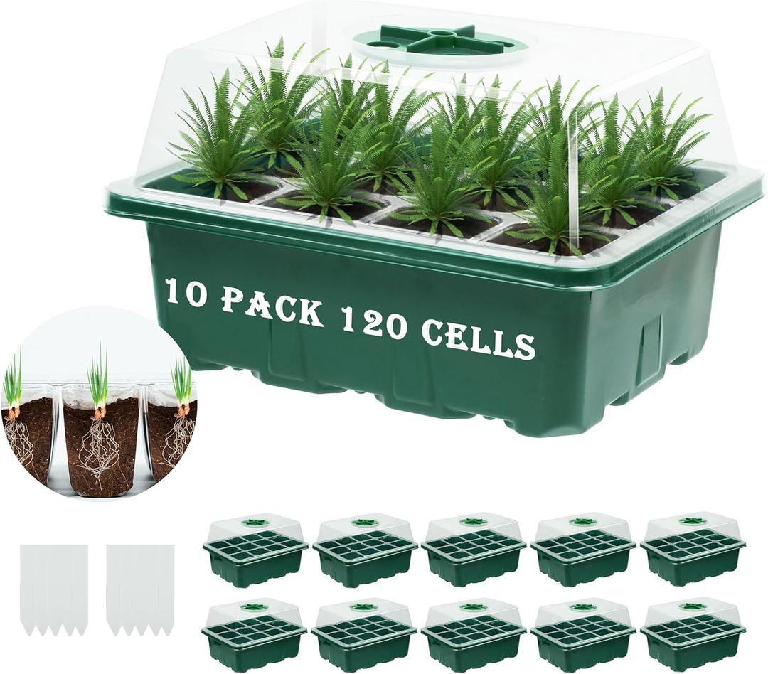 10 Pack 120 Cells Seed Starter Trays with Ventilation Holes - Reusable Seedling Starter Kit for Vegetables, Herbs, Flowers - Indoor Gardening, Plant Germination & Seed Starting (Green)