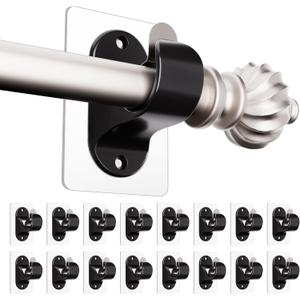 No Drilling No Screw Curtain Rod Brackets, (16 Pack) Black Self Adhesive Curtain Rod Holders, Adjustable Stick on Wall Curtain Rod Hooks for Bathroom Kitchen Living Room