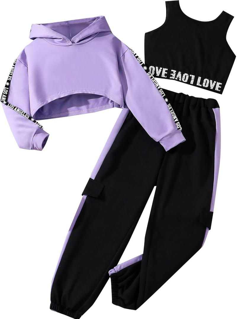 Hilinker Girls Graphic 3 Piece Outfits Workout Hoodie Crop Tank and Sweatpants Set (11-12 Years, Purple Black)