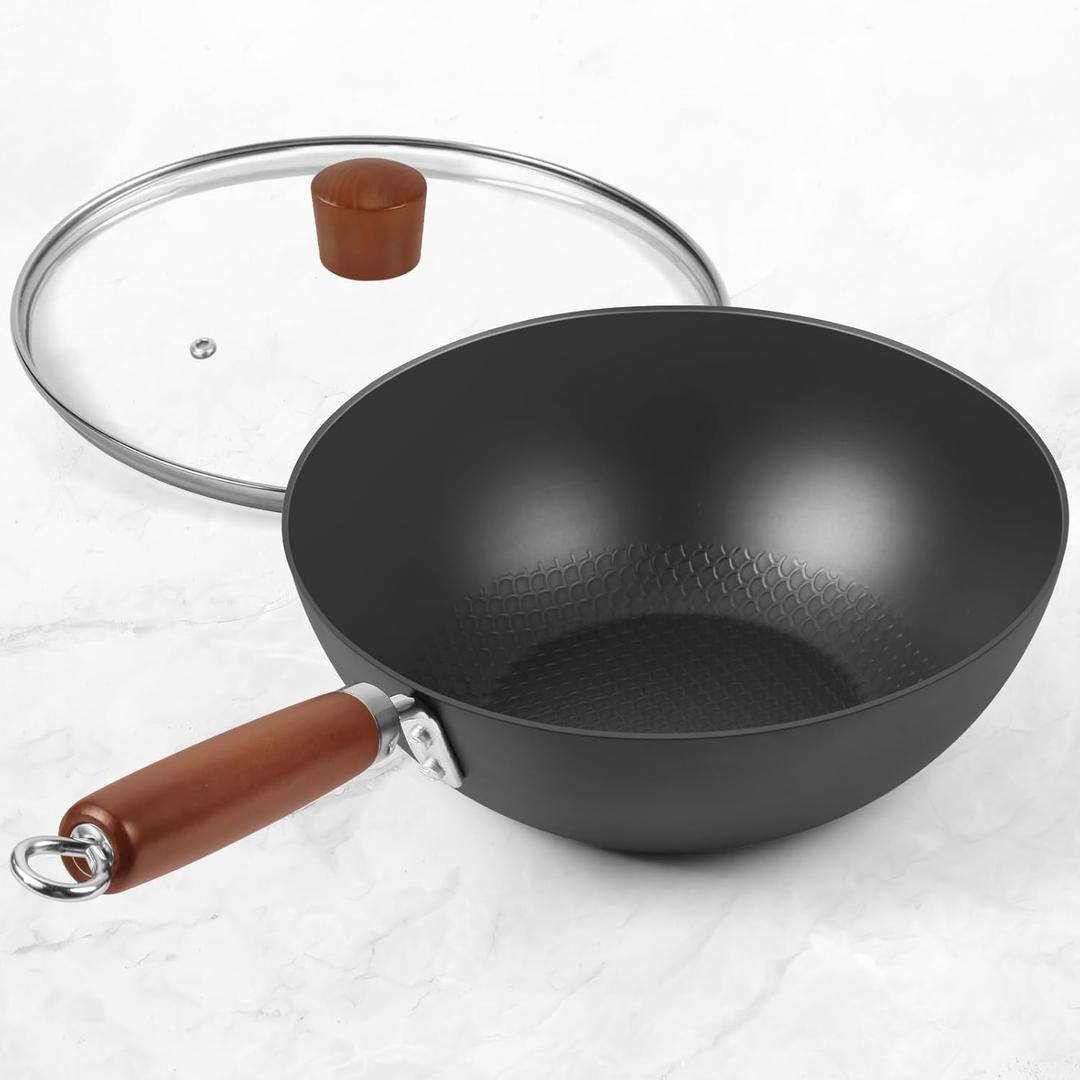 Carbon Steel Wok Pan, 9.5" Authentic Chinese Stir-Fry Pans Set with Glass Lid, 1.65lb Lightweight Flat Bottom Small Wok for 1-2 Servings