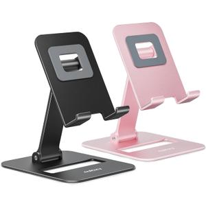 Nulaxy 2 Pack Dual Folding Cell Phone Stand, Fully Adjustable Phone Holder for Desk, Compatible with iPhone 17 16 15 14 13 12 11, Nintendo Switch, All Phones, Black & Rose Gold