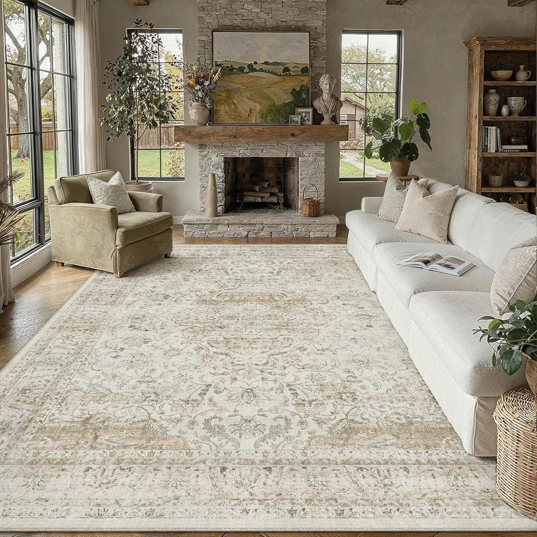 8x10 Washable Beige Area Rug Vintage Living Room Bedroom Carpet Non-Slip Soft Low Pile Distressed Indoor Large Throw Rug for Dining Room Office
