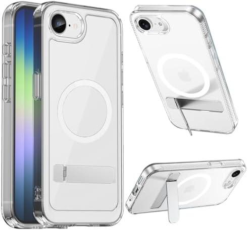 SET OF 2, Hiooloon for iPhone 16e Magnetic Case Clear Compatible with MagSafe, Built-in 2-Way Kickstand [Horizontal & Vertical Stand] Magnetic Crystal Clear Slim Fit Rugged Cover (Clear)