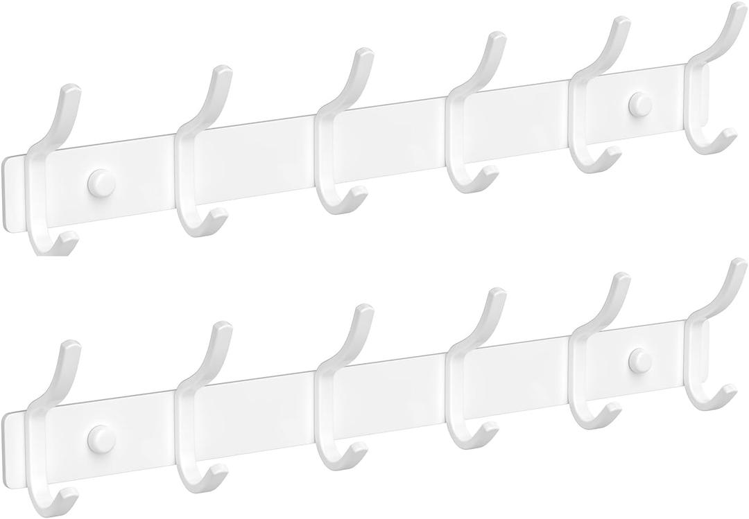 White Wall Mounted Coat Rack - 15 Inch Arc Shaped Design with 6 Hooks for Hanging Coats, Bags, and Towels in Entryway, Livingroom, Bedroom, Bathroom, and Kitchen, 2 Pack