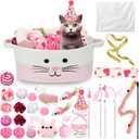 Zopeal Cat Toy Set Interactive Cat Toys Pack Including Feather Teaser Wand Plush Gift Outfit Mice Crinkle Balls and Pet Bell Balls, Puzzle for Indoor Cats Birthday Gift Basket for Kitten(Pink)