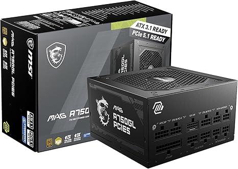 MSI MAG A750GL PCIE5, Fully Modular Compact Gaming 750W Power Supply, 80+ Gold, ATX 3.1 & PCIe 5.1 Ready, Native DualColor 12V2x6 Cable, 10 Year