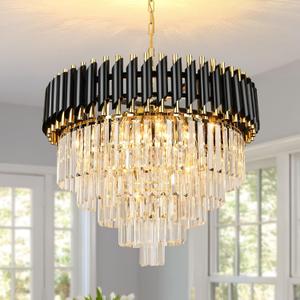Black and Gold Crystal Chandelier Pendant Light for Dining Room, Round Modern Crystal Chandelier for Living Room, Bedroom, Restaurant, E12 x 8, 22inch