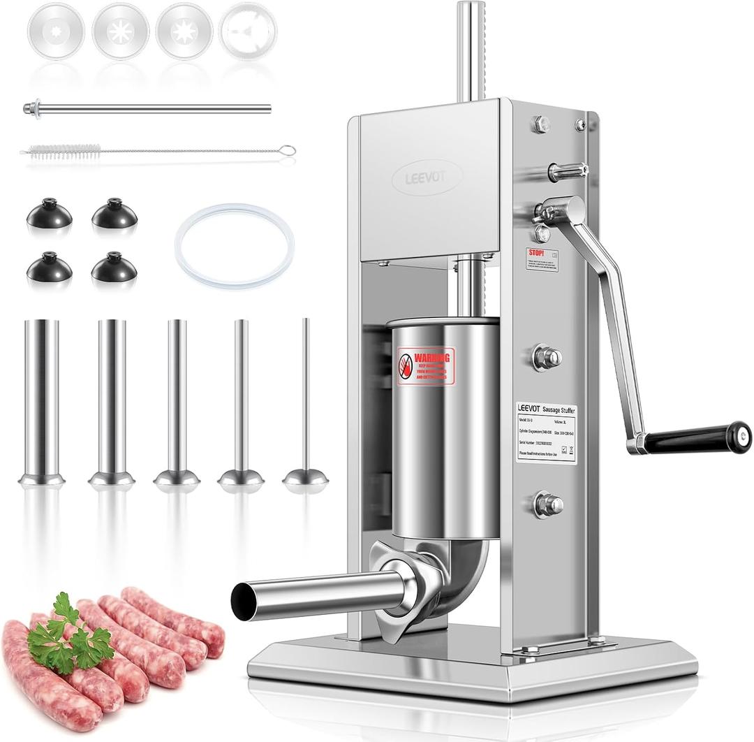7Lb/3L Sausage Stuffers304 Stainless Steel Sausage Maker Adjustable, 2 Speeds, 5 Filling Tubes (Silver)