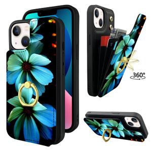opPerfekt Compatible with iPhone 13 Wallet Case with Card Holder, 360° Rotation Finger Ring Holder Kickstand Protective RFID Blocking PU Leather Pattern Double Buttons Flip Cover 6.1" Blue Floral