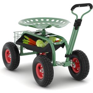 Garden Rolling Stool with Wheels Outdoor Garden Chair for Patio and Lawn - 360° Swivel Seat Gardening Cart with Tool Tray & Steering Handle for Easy Planting and Yard Work (Green)