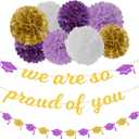 Purple White-Gold Party-Decoration Graduation Banner - 8pcs Kits Cap Garland Streamers, Paper Tissue Pom Poms Flowers,We are So Proud of You Congratulations Grad 2024 Decor Lasting Surprise