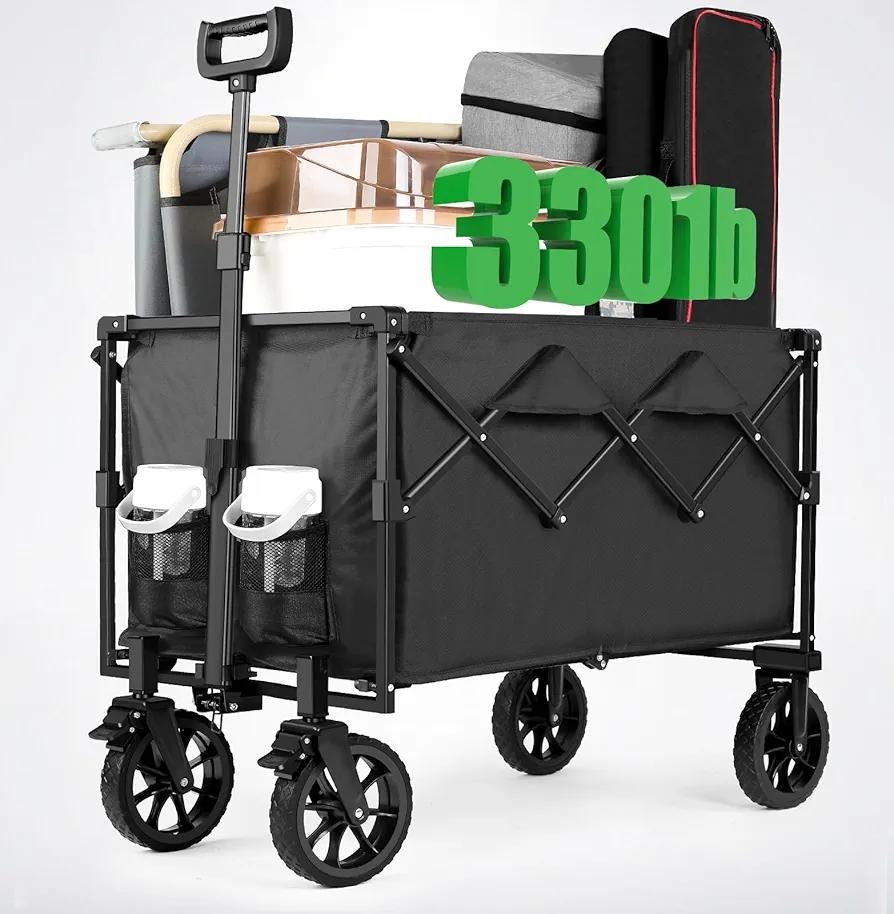 Quindom Collapsible Folding Wagon,Outdoor Camping Cart with 360-degree Universal Wheels,Beach Cart Large 150L Capacity & 330LBS Load for Sports, Shopping, Gardening,Camping(Black)