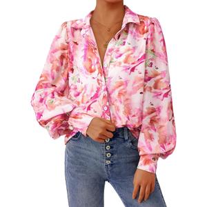 PRETTYGARDEN Women's Floral Blouses Dressy Casual V Neck Button Down Shirts Lantern Long Sleeve Boho Chiffon Fall Tops 2026 (Pink, L)