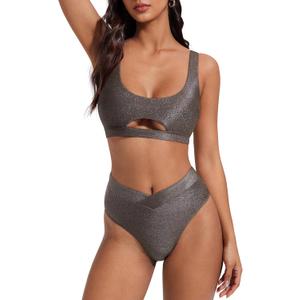 SUUKSESS Women Cutout Color Block Bikini Sets Sexy High Cut 2 Piece Bathing Suit, Large