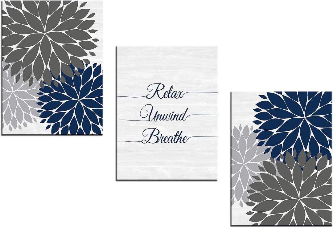 iHAPPYWALL 3 Pieces Relax Unwind Navy Bathroom Wall Art Blue and Grey Bath Flowers Funny Bathroom Sign Art Print for Spa Yoga Bedroom Wall Decor Ready to Hang 12x16inchx3pcs