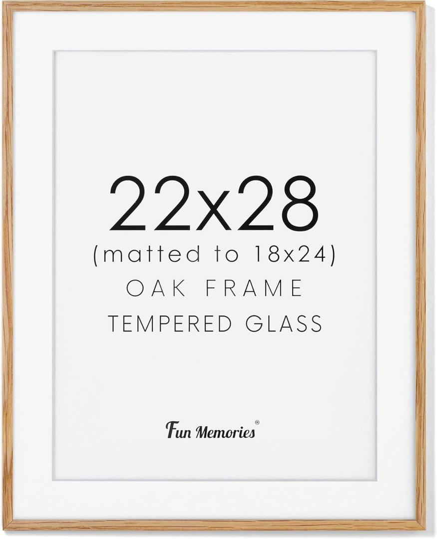 Poster Frame - Solid Oak Wood and Tempered Real Glass,  Wood Frame, Picture Frame Matted to 18x24', 22' by 28' Art Frame, Natural Oak Color