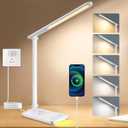LED Desk Lamp for Home Office, USB Charging Port, Reading Desk Light with 5 Color Temperatures, Stepless Dimming, Table Lamp with Timer, Night Light, Foldable Desk Lamp for College Dorm Room (White)