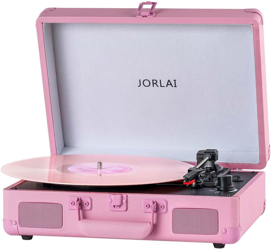 Portable Record Player with Bluetooth 3 Speed Turntable Built in Rechargeable Battery Vintage Suitcase Design with RCA Line Out and Aux in (Pure Pink)