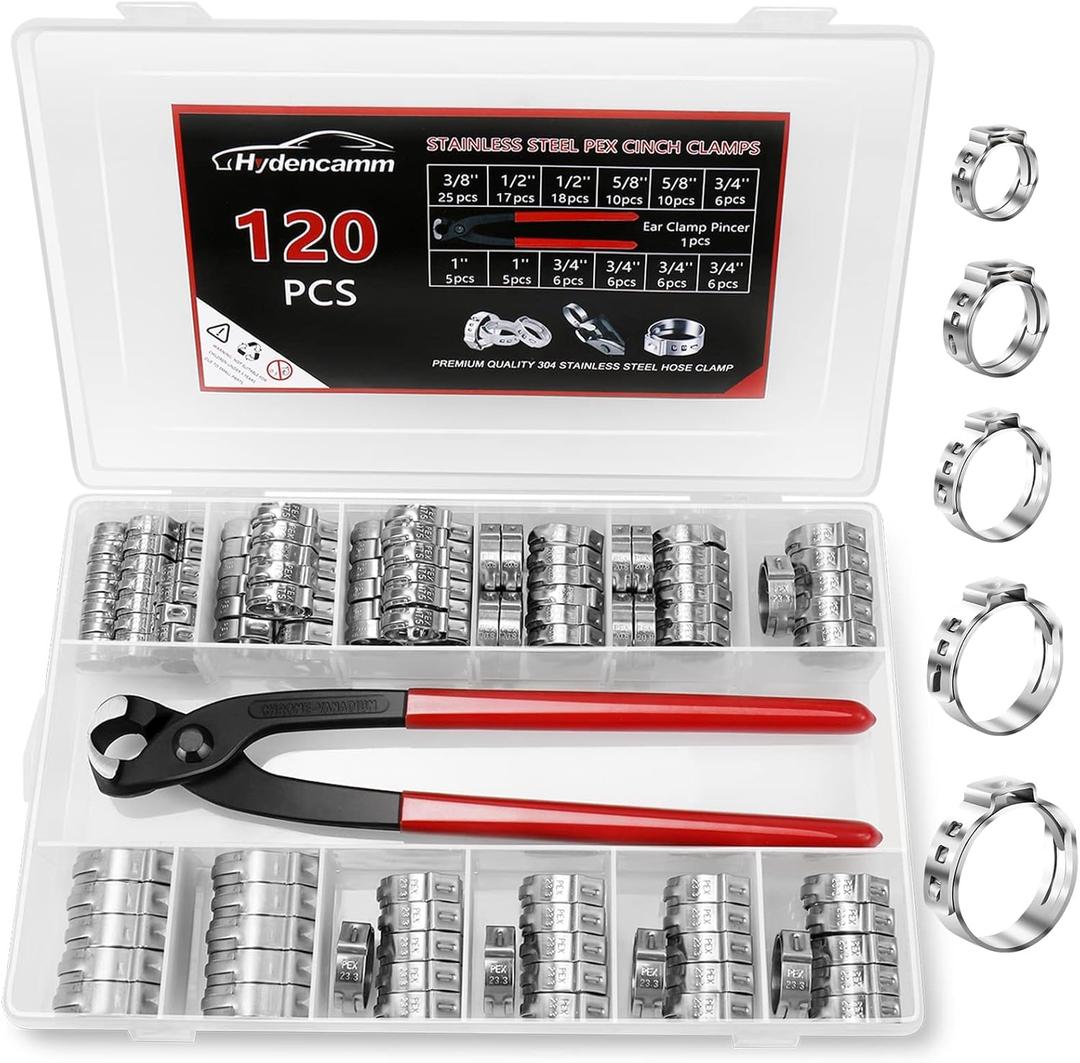 120PCS 5 Sizes PEX Clamps Kit with Plier, 1/2'', 3/4'', 3/8, 5/8'', 1'', Premium 304 Stainless Steel Cinch Crimp Rings, PEX Tool Kit Assortment for PEX Tubing Pipe Fitting Connections By Hydencamm (3/8''-1'')