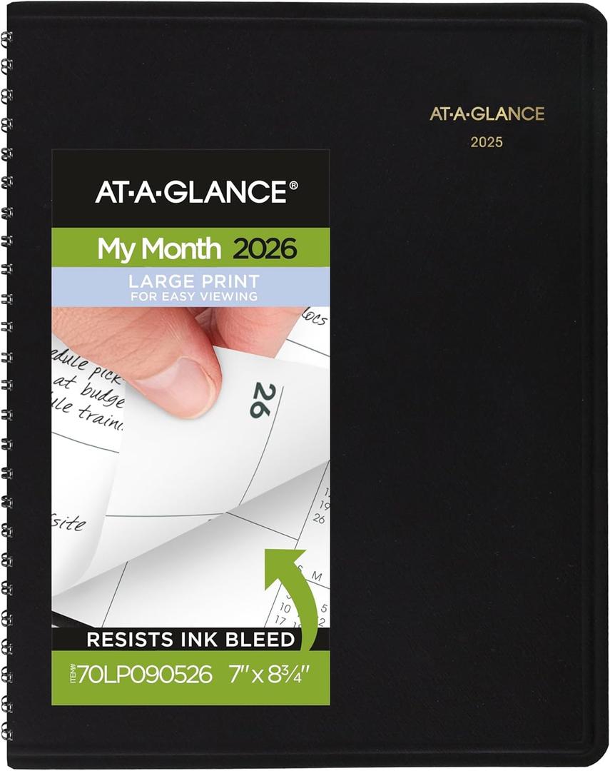 AT-A-GLANCE 2026 Planner, Monthly, 7" x 8-3/4", Medium, Easy Viewing Large Print, Black (70LP090526)