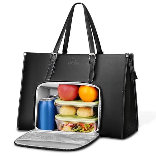MATEIN 17 Inch Laptop Tote Bag for Women with Lunch Compartment, PU Leather Convertible Work Briefcase for Business, Professional Teacher Computer Handbags with Lunch Box for Office, Commute, Black