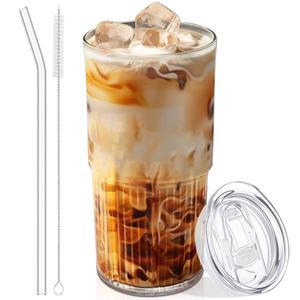 Luiaiog 18.5oz Glass Cups with Lids and Straws – Single Reusable Tumbler, Thickened Shatter-Resistant Glass, Ideal for Iced Coffee, Smoothies, Cocktails, Juices – Elegant & Durable Drinkware