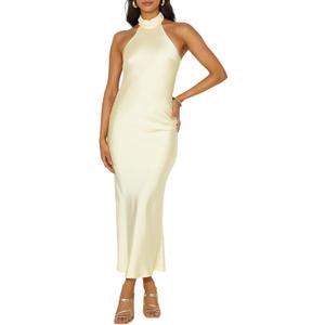 Phicia Sexy Satin Halter Neck Backless Maxi Dress for Women Elegant Tie Cowl Back Formal Wedding Guest Dress for Summer (Yellow, S)