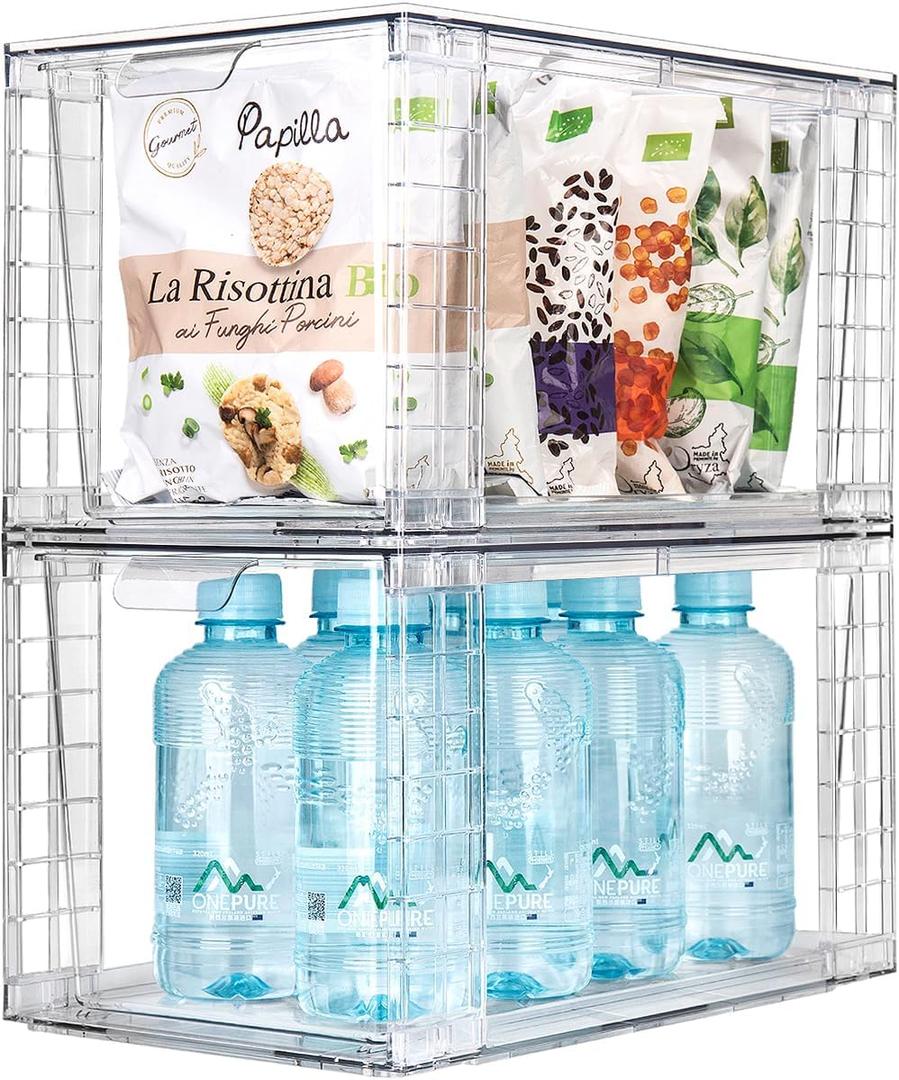 2Pack Large Stackable Kitchen Storage Drawers, Clear Foods Organizer Bins with Handles, Easily Assemble for Bathroom, Kitchen, Pantry, Cabinet, Closet(XL-UP Handle)