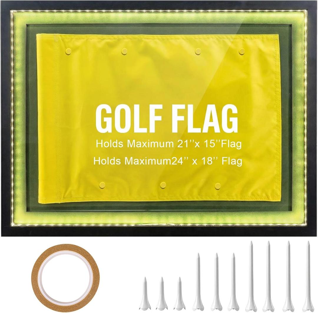 25 x 19Inch Golf Flag Display Case for Maximum 24 x 18Inch Golf Flag,Premium Solid Wood Display Case with Lights,Banner Frame Acrylic Boxes with Canvas Mat,Perfect for Sports Collector Memorabilia