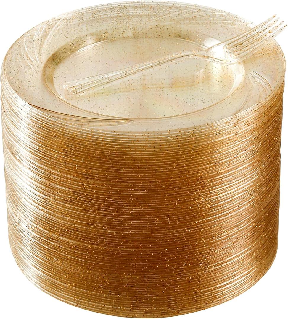120 Pieces Glitter Gold Plates with Plastic Forks, Gold Dessert Plates for 60 Guests, Heavy Duty Gold Plates, 60pcs 6.5" Gold Plastic Plates and 60pcs Plastic Forks Disposable Plates