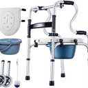 Wheeled Commode Four-Legged Walker for The Elderly Multifunction Light Fold Crutch Chair Rehabilitation Walker Shower Stool