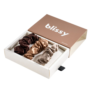 Blissy Silk Scrunchies (3 Pack) - 100% Pure Mulberry Silk - 22 Momme 6A High-Grade Fibers Scrunchie for Straight & Curly Hair - Preventing Breakage, Tangling, & Creasing Blissy Scrunchies - Taupe Cinnamon, Brown