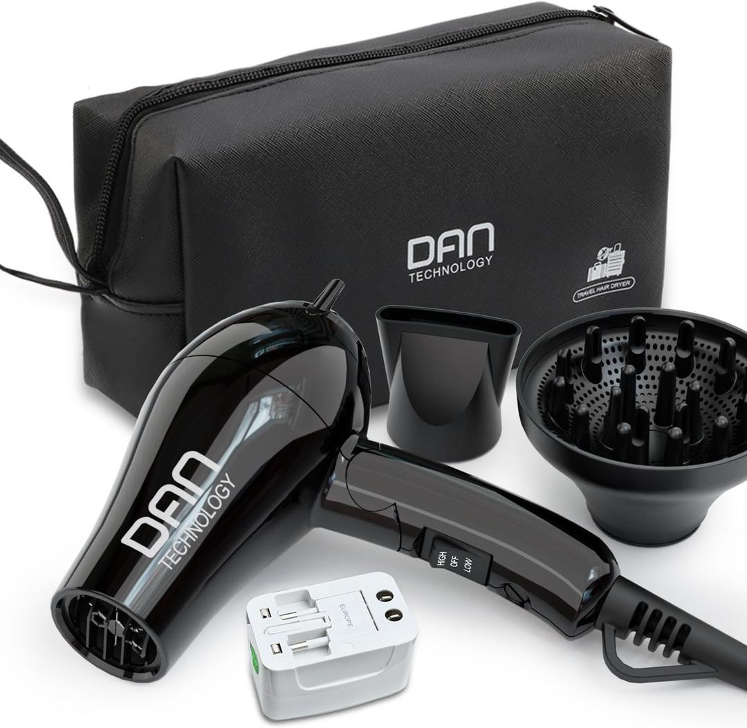 DAN Technology Auto Dual Voltage Hair Dryer,Hair Blow Dryer,Folding hairdryer for Travel,Small Blower with Multi-Function Plug Adapter,Compact Hair Dryer with Diffuser & Concentrator (Black)