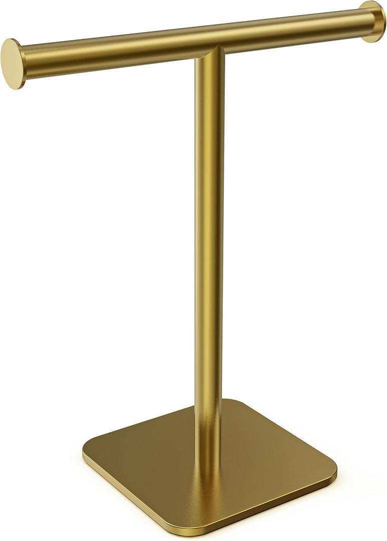 RUACQ Hand Towel Holder Stand, T-Shape Stainless Steel Free Standing Towel Rack, Vanity Countertop Towel Holder for Bathroom Kitchen Heavy Duty (Brushed Gold)