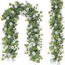 Artificial Eucalyptus Garland with Morning Glory Flowers, 2 Pack Faux Eucalyptus Leaves Greenery Garland Hanging Vines for Wedding Party Backdrop Mantle Table Arch Wall Decor, 6 FT Indoor Outdoor
