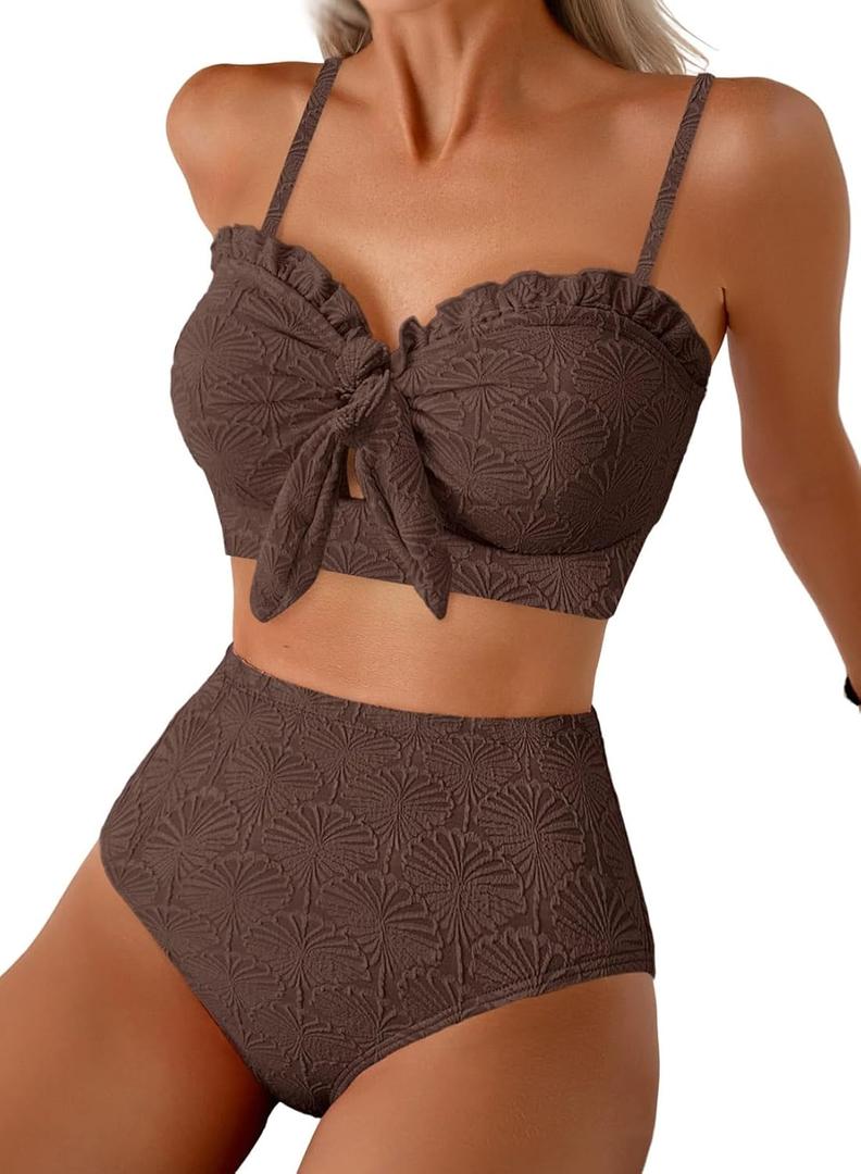 Herseas Women's Seashell Textured Bikini Sets Knotted Front 2 Piece Swimsuits Ruffle Trim Bathing Suits (Large, Brown)