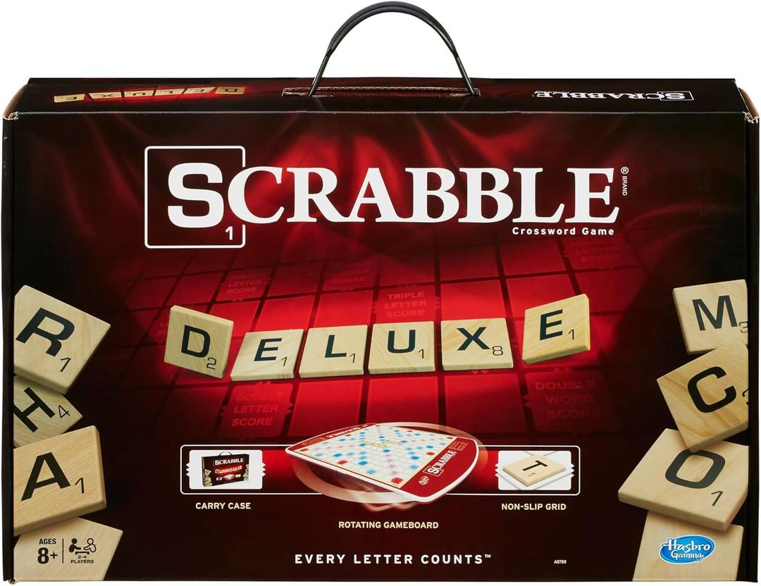 Hasbro Gaming Scrabble Deluxe Edition Letter Tiles Word Game | Rotating Board and Carrying Case | Ages 8+ | 2-4 Players | Classic Family Travel Games