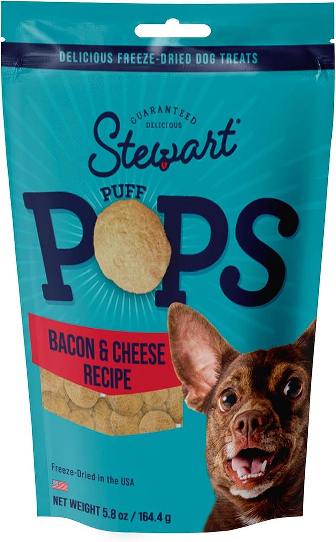 Stewart Freeze Dried Dog Treats, PuffPops Bacon and Cheese Recipe, Gluten Free, 5.8 Ounce Resealable Pouch, Made in USA, Dog Training Treats, Best By 08/10/25