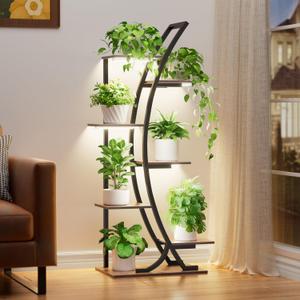 JUSTOGO Plant Stand Indoor with Grow Lights, 47" 7-Tier Corner Plant Shelf Rack, Multi-Pot Holder Display Stand for Plants, Flowers - Garden, Patio, Living Room Decor, Black