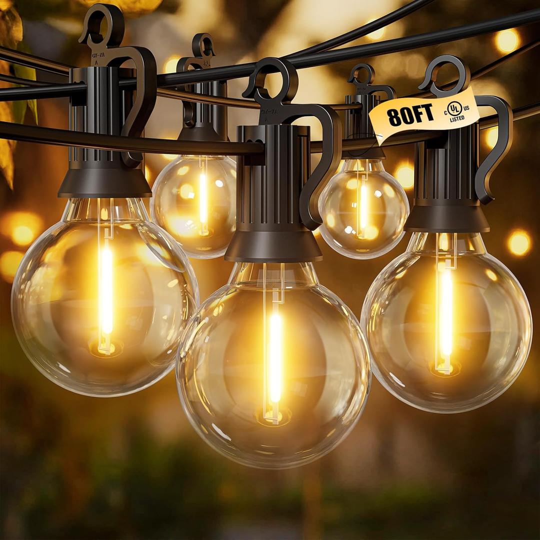 Brightown Outdoor String Lights, 80FT 40+2 G40 Bulbs Shatterproof Patio Lights, IP65 Waterproof Dimmable Hanging Connectable Globe LED Outdoor Lights for Backyard, Bistro, Porch, Deck, Balcony (Black)
