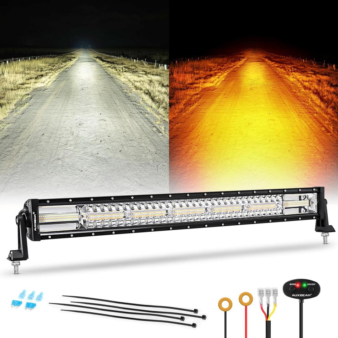 Auxbeam 6 Modes Amber White Series, 30 Inch 180W LED Light Bar Dual Color Flash Strobe Light, Spot Flood Combo Emergency Off-Road Lighting, for Trucks, Jeeps, ATV, UTV, SUV, Cars, Boats